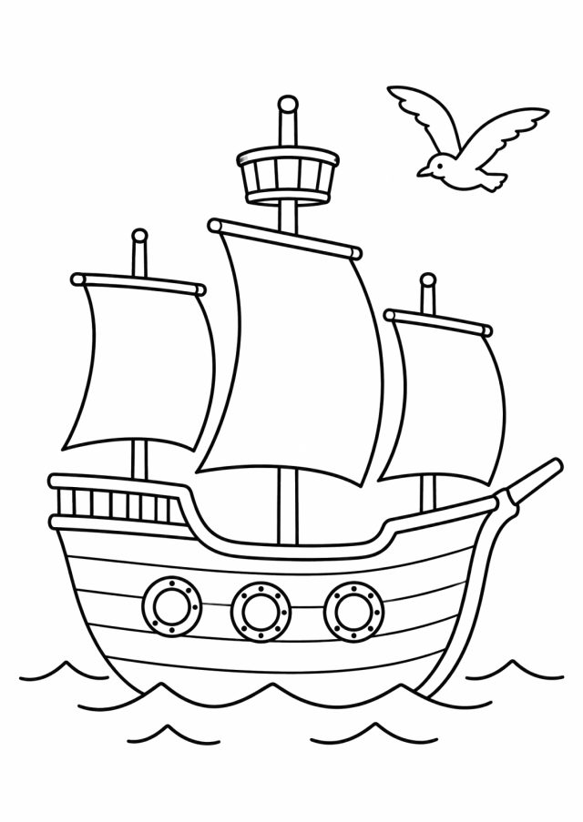 Ausmalbild: ein hölzernes Segelschiff mit drei leeren Segeln, einem Ausguck am mittleren Mast, einem Geländer am Heck und drei Bullaugen am Rumpf auf kleinen Wellen, rechts oben fliegt eine Möwe
