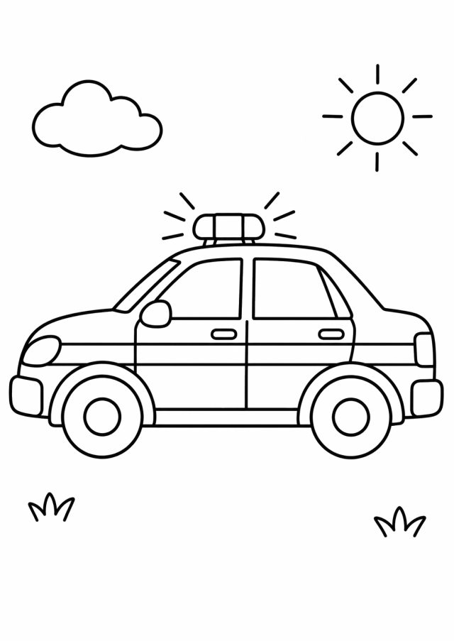 Ausmalbild: ein Polizeiauto von der Seite mit Blaulicht auf dem Dach und einem Streifen an der Seite, dazu Wolke und Sonne