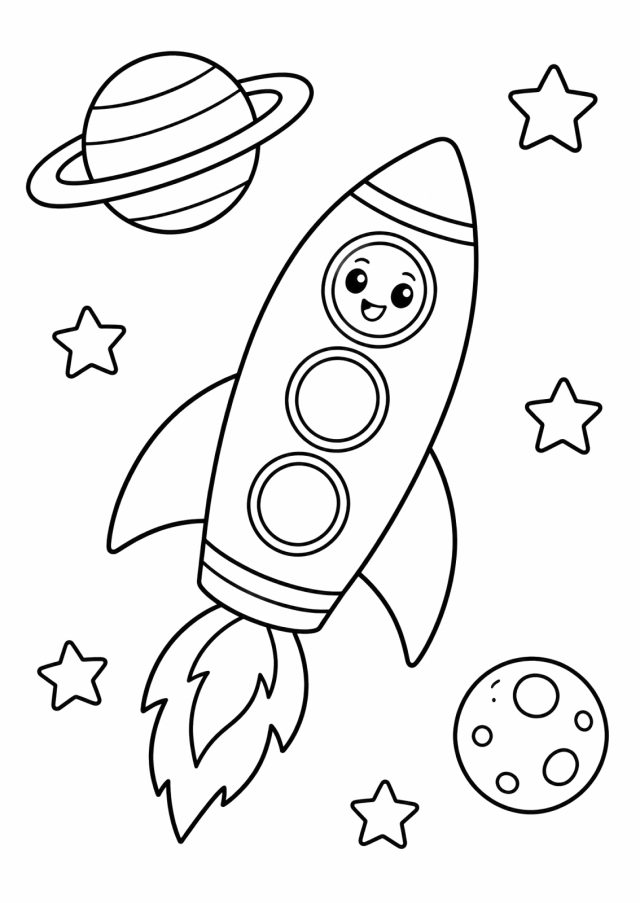 Ausmalbild: eine schräg nach oben fliegende Rakete mit drei runden Fenstern, im obersten ein lachendes Gesicht, unten eine große Flamme, daneben ein Planet mit Ring, ein Mond mit Kratern und mehrere Sterne