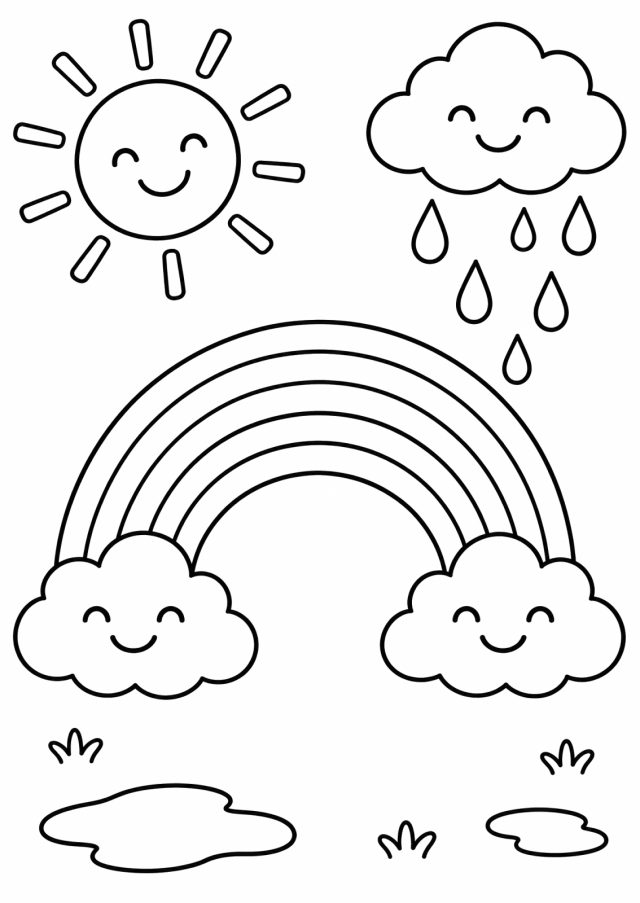 Ausmalbild: ein großer Regenbogen mit fünf Bändern, an beiden Enden eine lachende Wolke, oben links eine lachende Sonne, oben rechts eine Wolke mit Regentropfen, unten zwei Pfützen und Grasbüschel