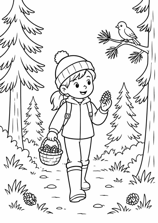 Ausmalbild: ein Mädchen mit Haube, Rucksack und Gummistiefeln geht auf einem Waldweg zwischen hohen Nadelbäumen und sammelt Zapfen in einen Korb, auf einem Ast sitzt ein Vogel