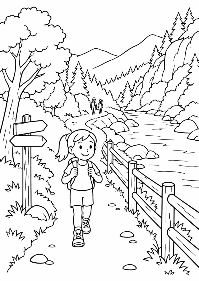Ausmalbild: ein Mädchen mit Rucksack wandert auf einem Weg neben einem Fluss durch ein bewaldetes Tal mit Felsen, am Weg ein Holzgeländer und ein Wegweiser, in der Ferne zwei Wanderer