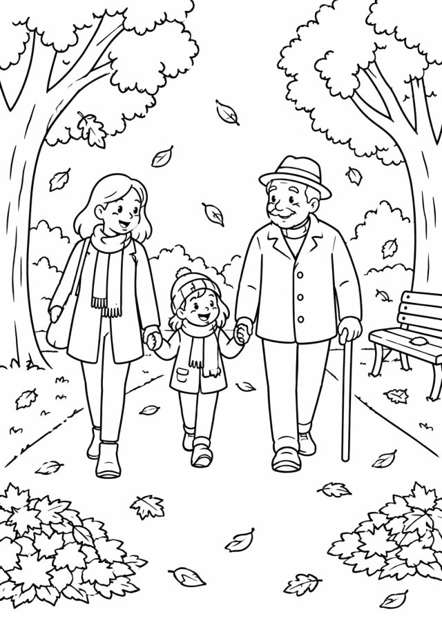 Ausmalbild: eine Mutter, ein Kind und ein Großvater mit Hut und Stock spazieren auf einem breiten Parkweg unter großen Laubbäumen, Blätter fallen, am Rand eine Parkbank und Laubhaufen