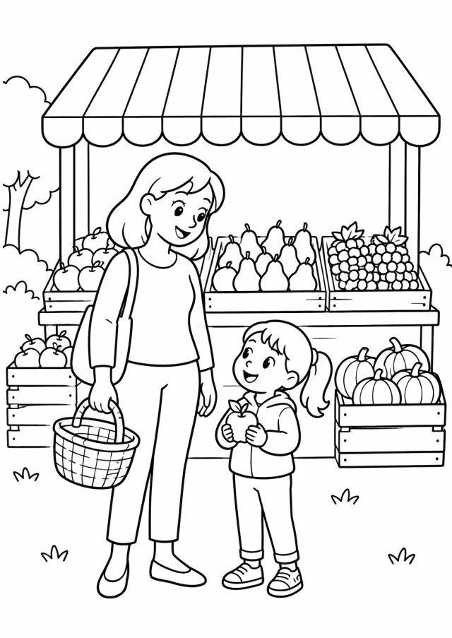 Ausmalbild: ein Obst- und Gemüsestand mit gestreifter Markise und Kisten voller Äpfel, Birnen, Trauben und Kürbisse, davor eine Frau mit Einkaufskorb und ein Mädchen mit Apfel