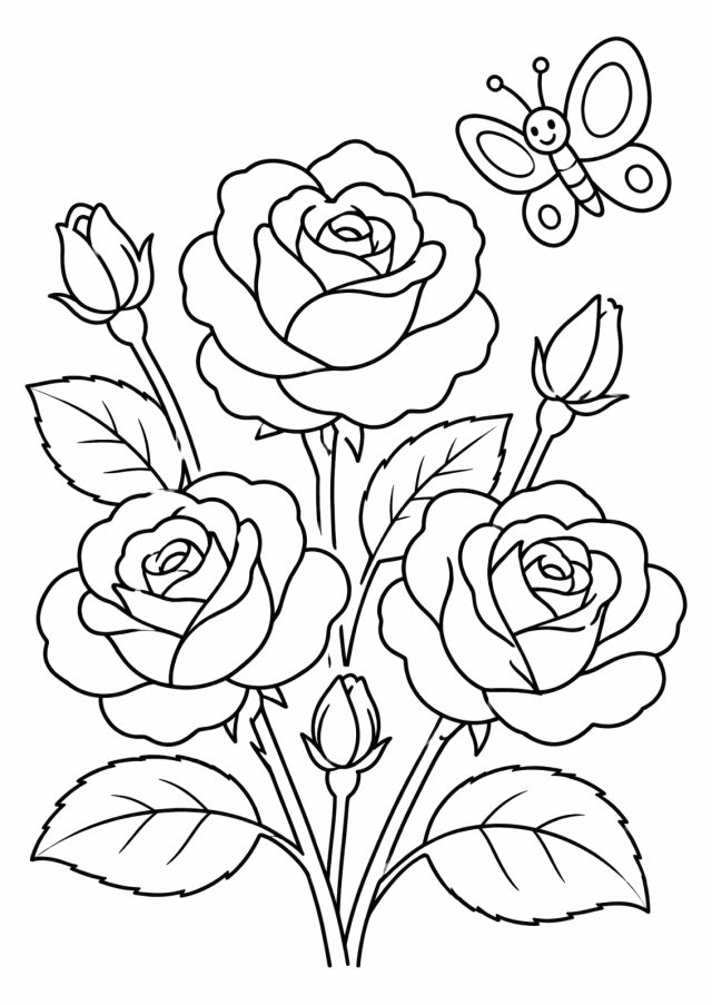 Ausmalbild: drei große offene Rosenblüten mit Knospen und Blättern, darüber ein lächelnder Schmetterling