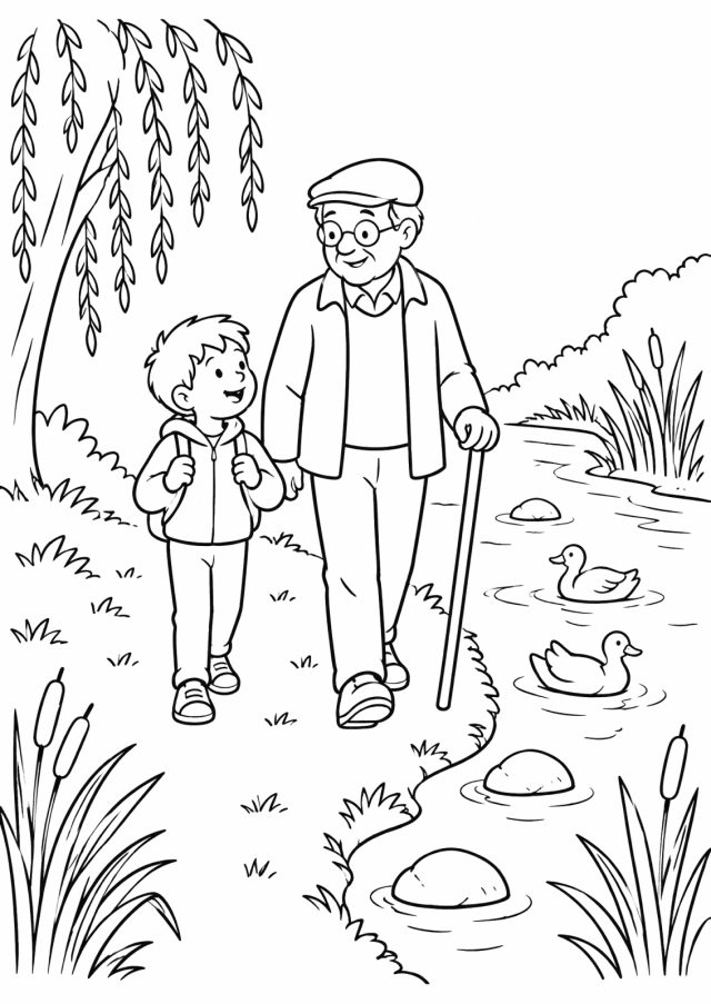 Ausmalbild: ein Bub mit Rucksack und ein Großvater mit Kappe und Stock gehen auf einem Uferweg neben einem kleinen Fluss mit zwei Enten, Steinen, Schilf und einer Trauerweide