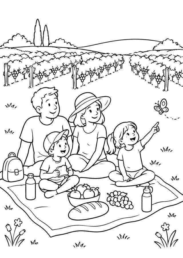 Ausmalbild: eine Familie mit zwei Kindern sitzt auf einer Picknickdecke mit Brot, Äpfeln, Trauben und Wasserflaschen am Rand eines Weingartens, ein Mädchen zeigt auf einen Schmetterling