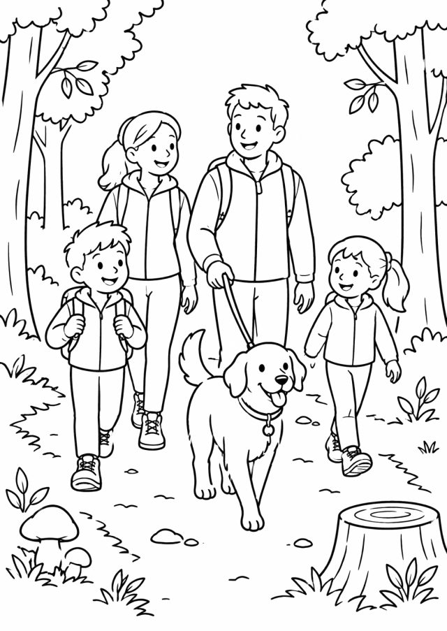 Ausmalbild: Mama, Papa, ein Bub und ein Mädchen wandern mit einem fröhlichen Hund an der Leine auf einem Waldweg, am Weg Pilze und ein Baumstumpf