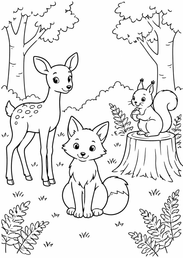 Ausmalbild: auf einer Waldlichtung steht ein Rehkitz, ein Fuchs sitzt im Gras und ein Eichhörnchen mit Nuss sitzt auf einem Baumstumpf, dahinter Bäume und Farn