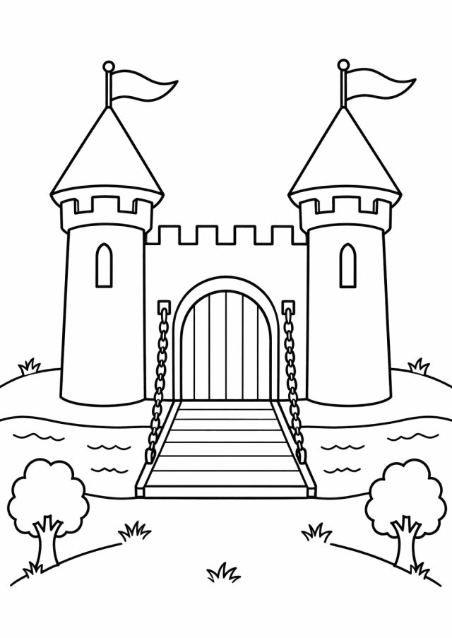 Ausmalbild: eine Burg mit zwei runden Türmen mit spitzen Dächern und Fahnen, dazwischen eine Mauer mit Zinnen und ein Holztor, davor eine herabgelassene Zugbrücke an Ketten über einem Wassergraben, vorne zwei Bäume auf der Wiese