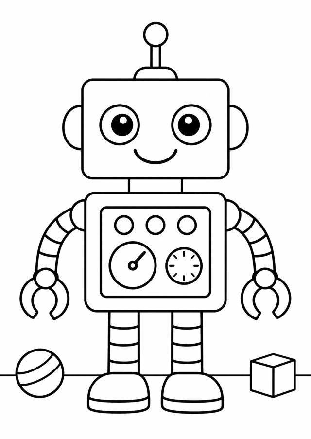 Ausmalbild: ein lächelnder Roboter mit eckigem Kopf, großen runden Augen und Antenne, auf dem Bauch drei Knöpfe und zwei runde Anzeigen, mit geringelten Armen und Greifzangen, daneben ein Ball und ein Bauklotz auf dem Boden