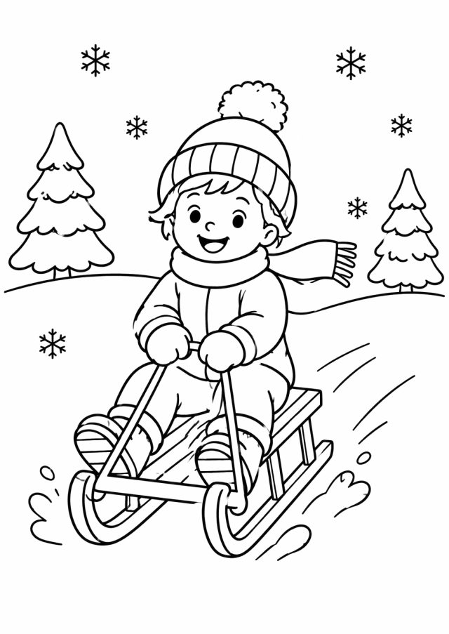 Ausmalbild: ein lachendes Kind mit Pudelmütze und Schal fährt auf einem Holzschlitten einen verschneiten Hügel hinunter, dahinter zwei Tannen