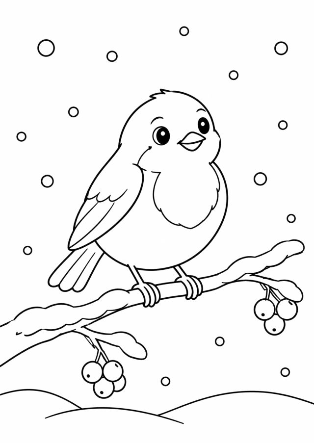 Ausmalbild: ein rundes Rotkehlchen sitzt auf einem verschneiten Ast mit zwei Beerenbüscheln, ringsum fallen Schneeflocken, unten Schneehügel