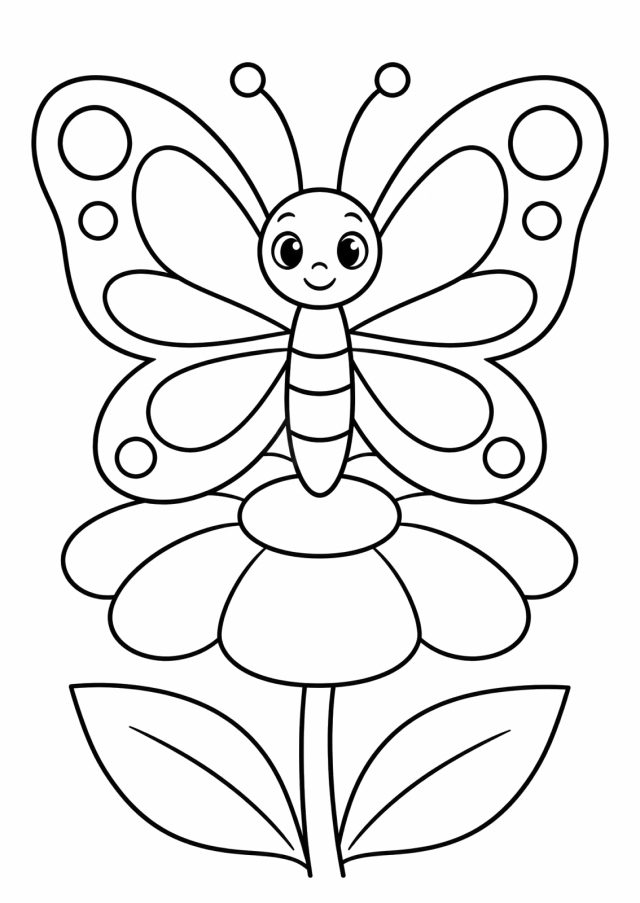 Ausmalbild: ein lachender Schmetterling mit großen Flügeln voller runder Muster sitzt auf einer großen Blume mit zwei Blättern