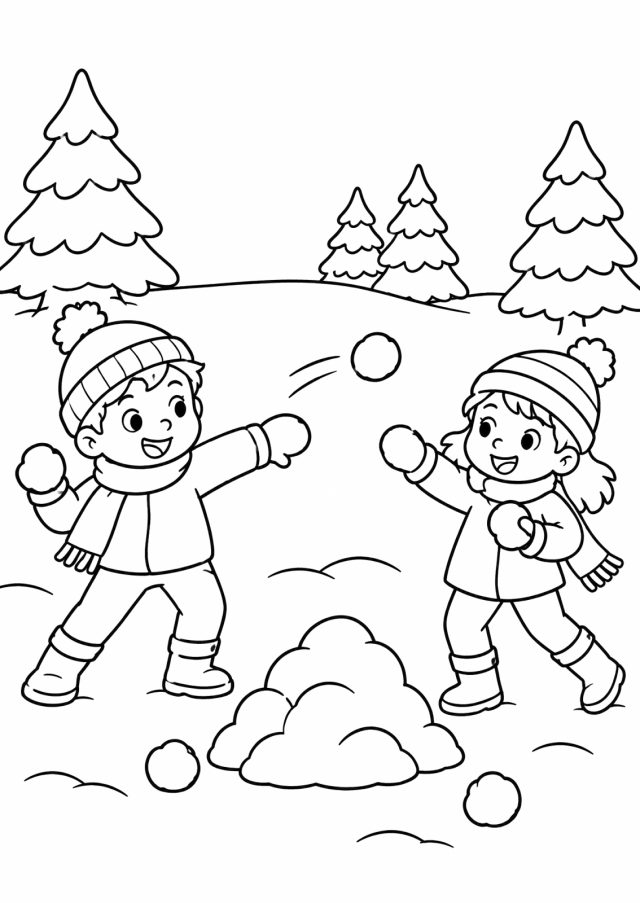 Ausmalbild: zwei lachende Kinder mit Pudelhauben und Schals werfen sich Schneebälle zu, zwischen ihnen ein Schneehaufen, im Hintergrund verschneite Tannen