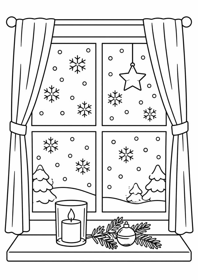Ausmalbild: ein Sprossenfenster mit Vorhängen, draußen Schneeflocken und verschneite Tannen, am Fensterbrett eine Kerze im Glas, ein Tannenzweig mit Kugel und ein Stern