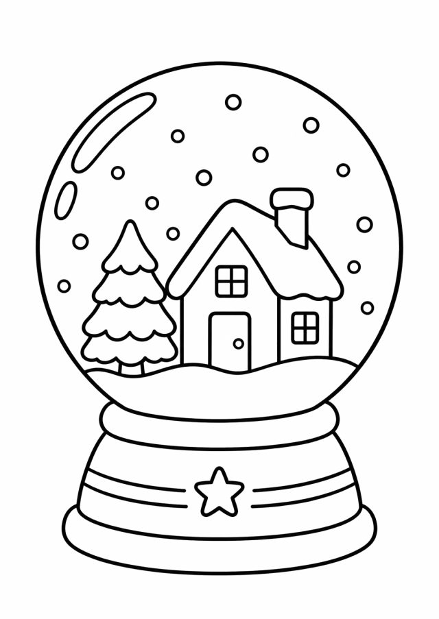 Ausmalbild: eine große Schneekugel auf einem Sockel mit Stern, darin ein verschneites Haus, eine Tanne und Schneeflocken