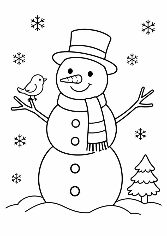 Ausmalbild: ein Schneemann mit Zylinder, Karottennase, gestreiftem Schal und Ästen als Armen, auf einem Arm ein Vogel, daneben eine kleine Tanne und Schneeflocken