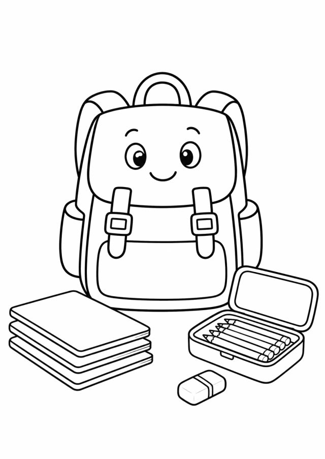Ausmalbild: eine lachende Schultasche mit Klappe und zwei Schnallen, links ein Stapel aus drei Heften, rechts ein offenes Federpennal mit Buntstiften und davor ein Radiergummi