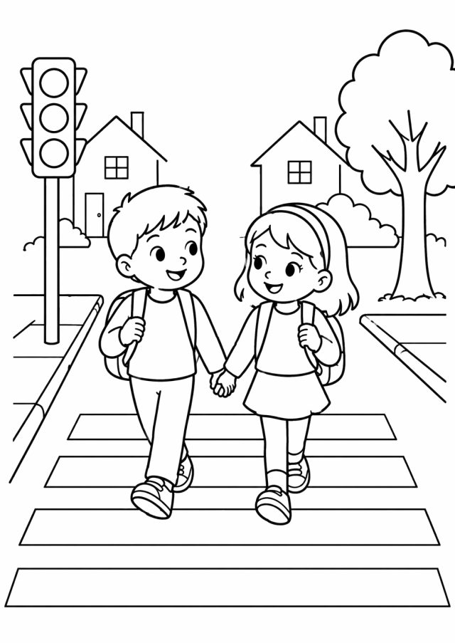 Ausmalbild: ein Bub und ein Mädchen mit Schultaschen gehen Hand in Hand über einen Zebrastreifen, links eine Ampel, hinten zwei Häuser, Büsche und ein Baum