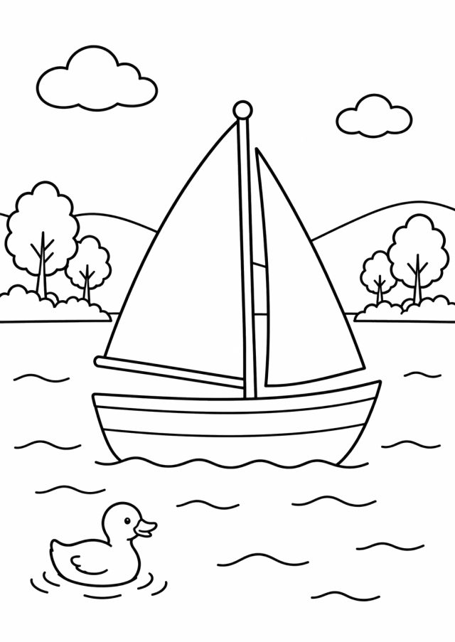 Ausmalbild: ein Segelboot mit zwei großen Segeln auf einem See mit Wellen, vorne eine Ente, im Hintergrund Hügel, Bäume und Wolken