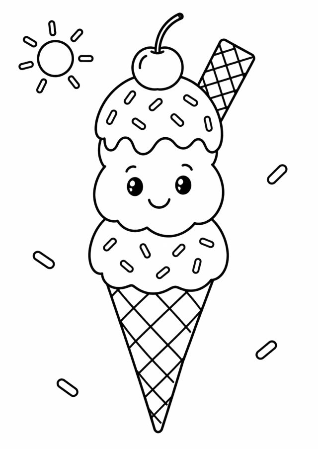 Ausmalbild: eine Eistüte mit Waffelmuster und drei Eiskugeln, die mittlere Kugel lacht, oben eine Kirsche und eine Waffel, dazu Streusel und links oben eine Sonne