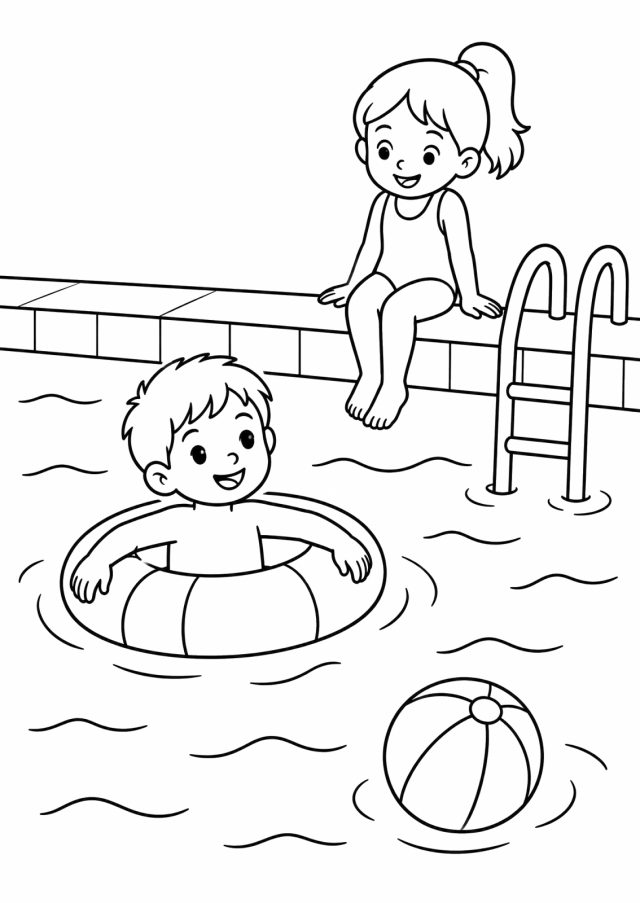 Ausmalbild: ein Bub mit Schwimmreifen im Wasser, ein Mädchen im Badeanzug sitzt am gefliesten Beckenrand, rechts eine Badeleiter, vorne ein Wasserball auf den Wellen