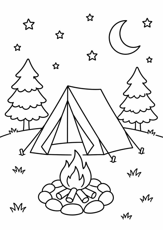 Ausmalbild: ein Zelt auf einer Wiese zwischen zwei Tannen, davor ein Lagerfeuer in einem Steinkreis, am Himmel eine Mondsichel und Sterne
