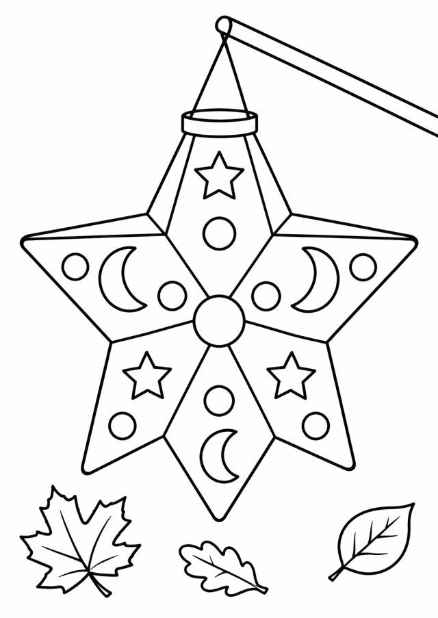 Ausmalbild: eine große Laterne in Form eines fünfzackigen Sterns mit Monden, Sternen und Kreisen in den Feldern hängt an einem Stab, unten drei Herbstblätter