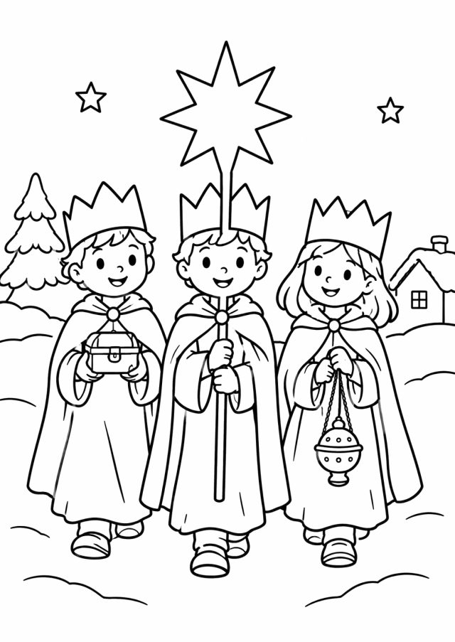 Ausmalbild: drei Kinder mit Papierkronen und langen Umhängen gehen durch den Schnee, das mittlere trägt einen Stern an einem Stab, die anderen eine Schatulle und ein Weihrauchfass