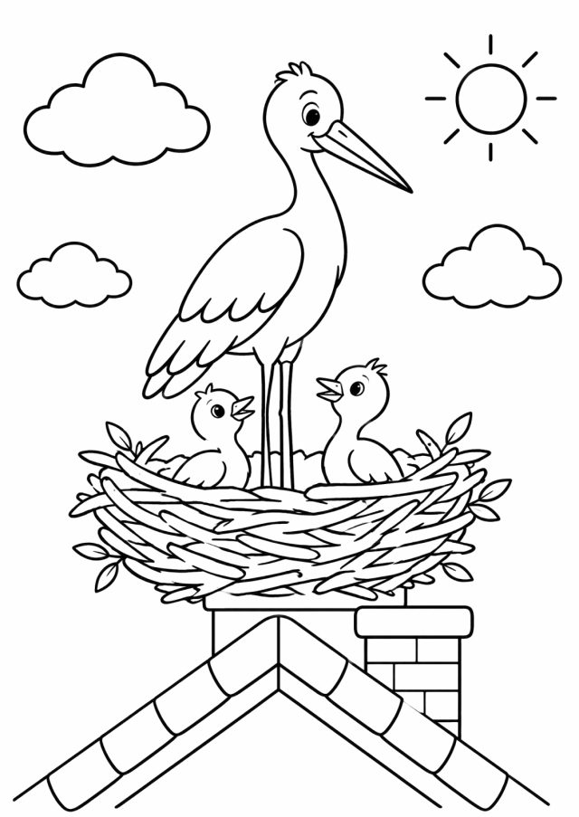 Ausmalbild: ein Storch steht in einem großen Nest aus Zweigen auf einem Hausdach neben dem Schornstein, zwei Storchenküken schauen heraus, Sonne und Wolken