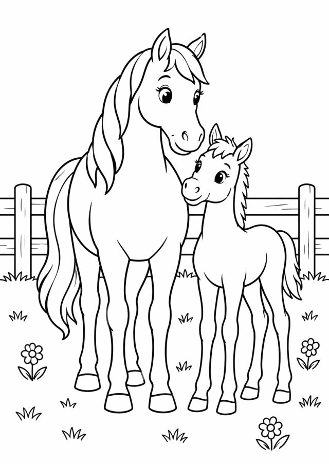 Ausmalbild: ein Pferd und ein kleines Fohlen stehen nebeneinander auf einer Wiese vor einem Holzzaun, im Gras Blumen