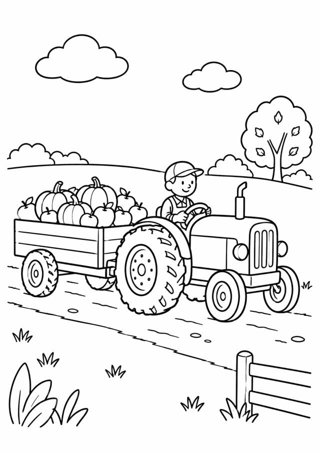 Ausmalbild: ein Traktor mit großen Hinterrädern und einem Fahrer mit Kappe zieht einen Anhänger voller Kürbisse und Äpfel über einen Feldweg, dahinter Hügel und ein Baum