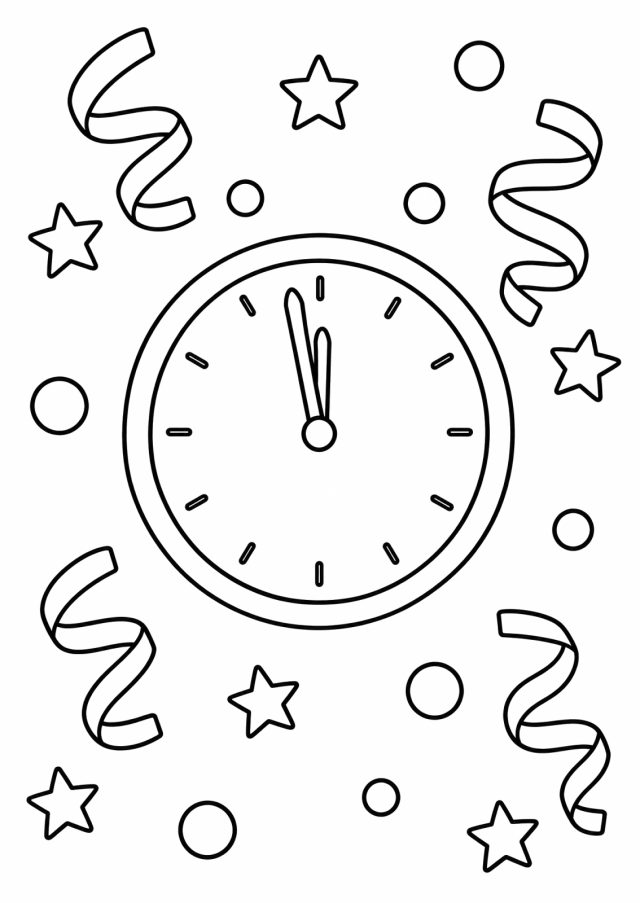 Ausmalbild: eine große runde Uhr ohne Ziffern, die Zeiger stehen kurz vor zwölf, ringsum Luftschlangen, Konfetti und Sterne