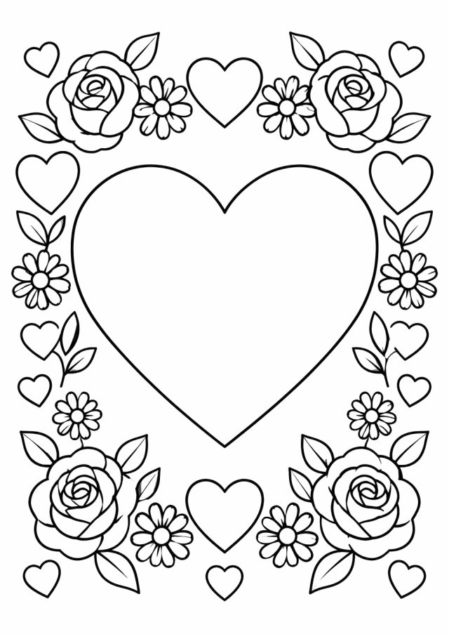 Ausmalbild: ein Rahmen aus Rosen, Gänseblümchen, Blättern und vielen kleinen Herzen, in der Mitte ein großes leeres Herz