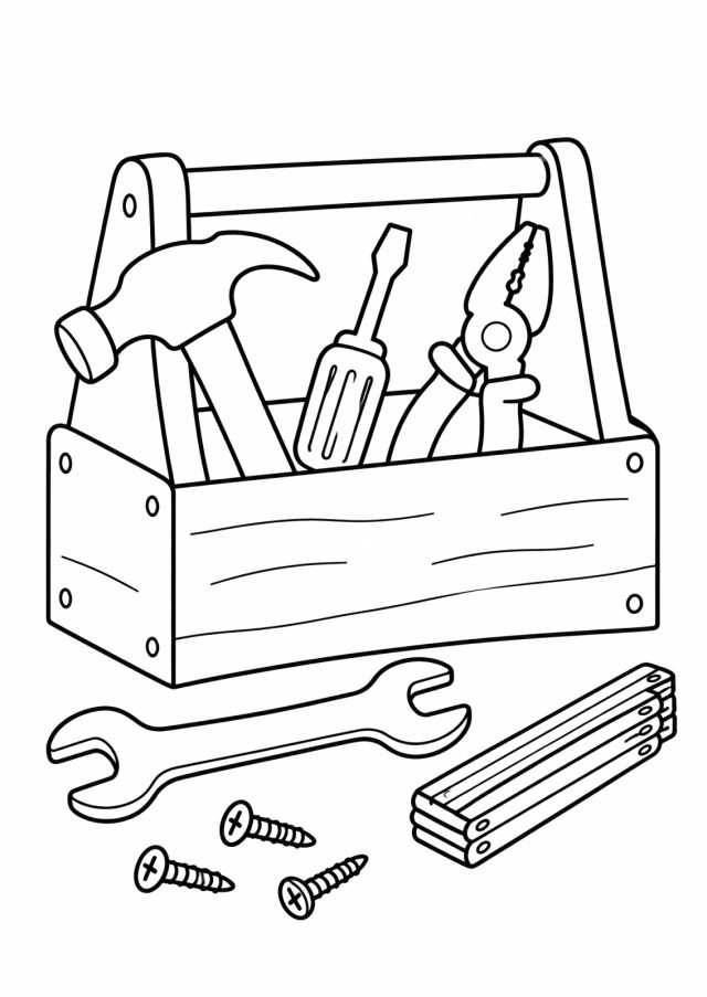 Ausmalbild: eine offene Werkzeugkiste aus Holz mit Tragegriff, darin ein Hammer, ein Schraubenzieher und eine Zange, davor ein Schraubenschlüssel, ein zusammengeklappter Zollstock und drei Schrauben