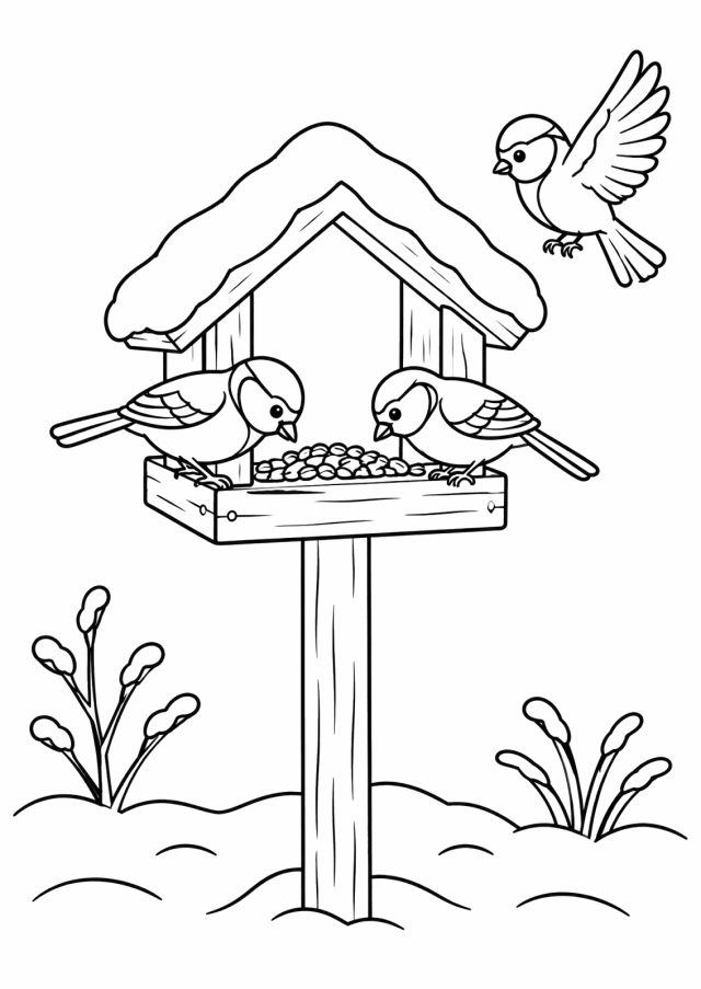 Ausmalbild: ein hölzernes Vogelfutterhaus mit verschneitem Dach auf einem Pfahl, zwei Meisen fressen Körner, eine dritte fliegt heran, unten Schnee und Zweige