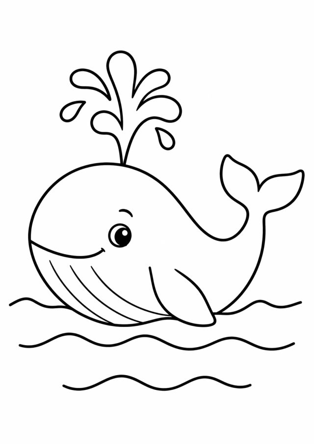 Ausmalbild: ein großer freundlicher Wal schwimmt in den Wellen und bläst eine Wasserfontäne