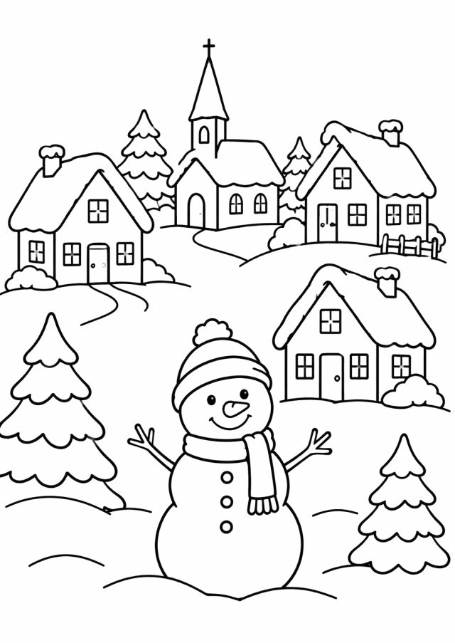 Ausmalbild: ein frei gezeichnetes verschneites Dorf mit mehreren Häusern, einer kleinen Kirche, Tannen und einem Schneemann mit Haube und Schal