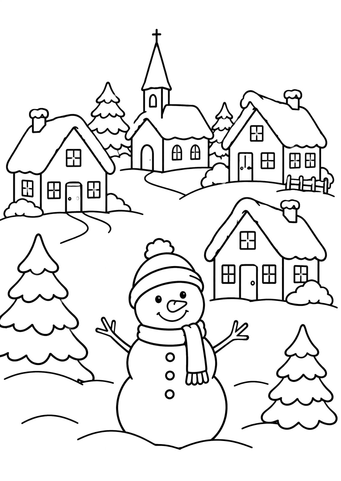 Ausmalbild: ein frei gezeichnetes verschneites Dorf mit mehreren Häusern, einer kleinen Kirche, Tannen und einem Schneemann mit Haube und Schal