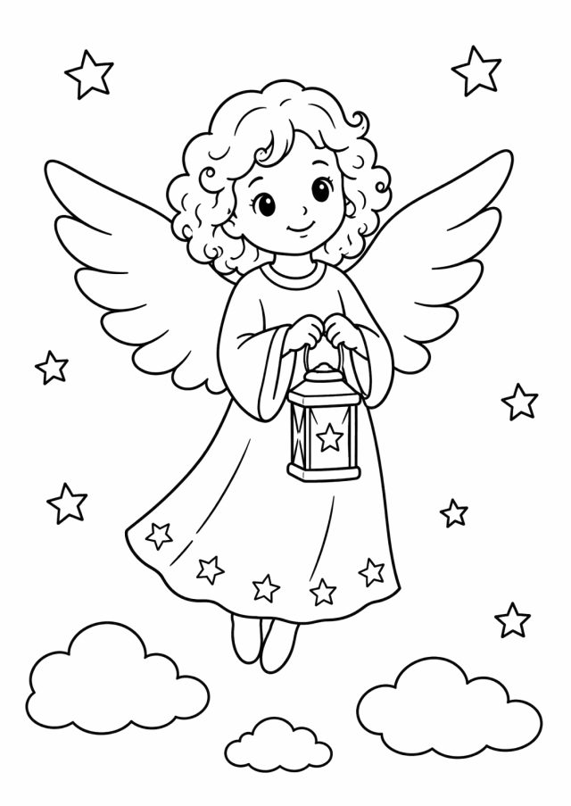 Ausmalbild: ein kleiner Engel mit Locken, großen Flügeln und einem Kleid mit Sternen hält eine Laterne, darunter Wolken, ringsum Sterne