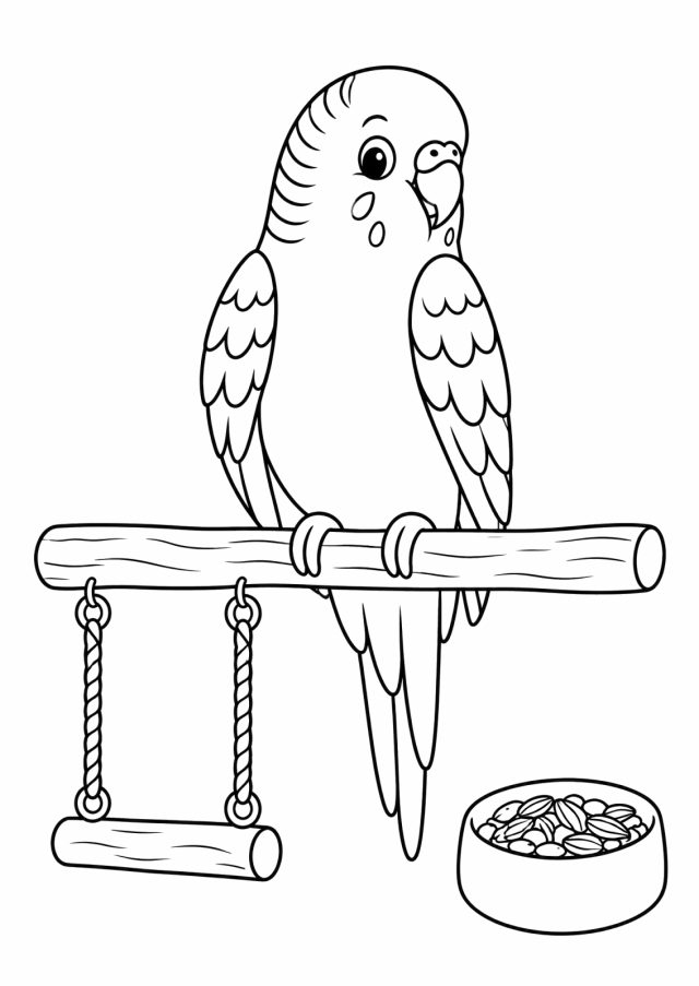 Ausmalbild: ein Wellensittich mit Wellenmuster am Kopf sitzt auf einer Holzstange, darunter eine Schaukel an Seilen und ein Napf mit Körnern