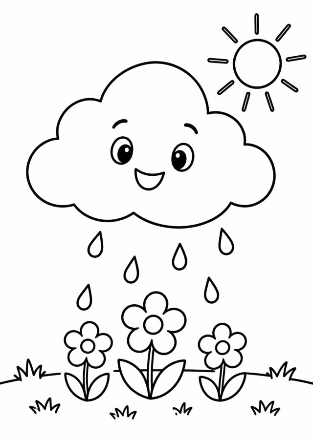 Ausmalbild: eine große lachende Wolke mit Gesicht lässt Regentropfen auf drei Blumen fallen, oben rechts die Sonne mit Strahlen, unten Gras