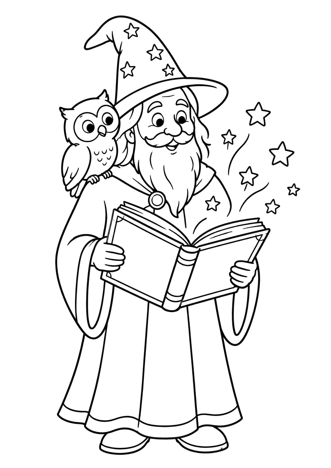Ausmalbild: ein alter Zauberer mit langem Bart, Sternenhut und Umhang liest in einem dicken Buch, Sterne steigen auf, eine Eule sitzt auf seiner Schulter