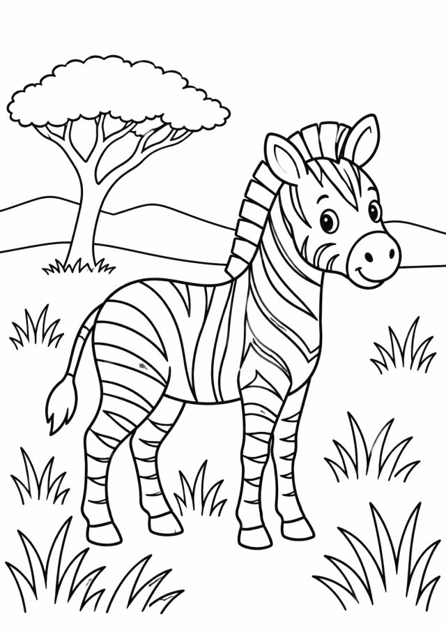 Ausmalbild: ein lächelndes Zebra mit vielen Streifen steht im hohen Gras der Savanne, im Hintergrund ein Baum und sanfte Hügel