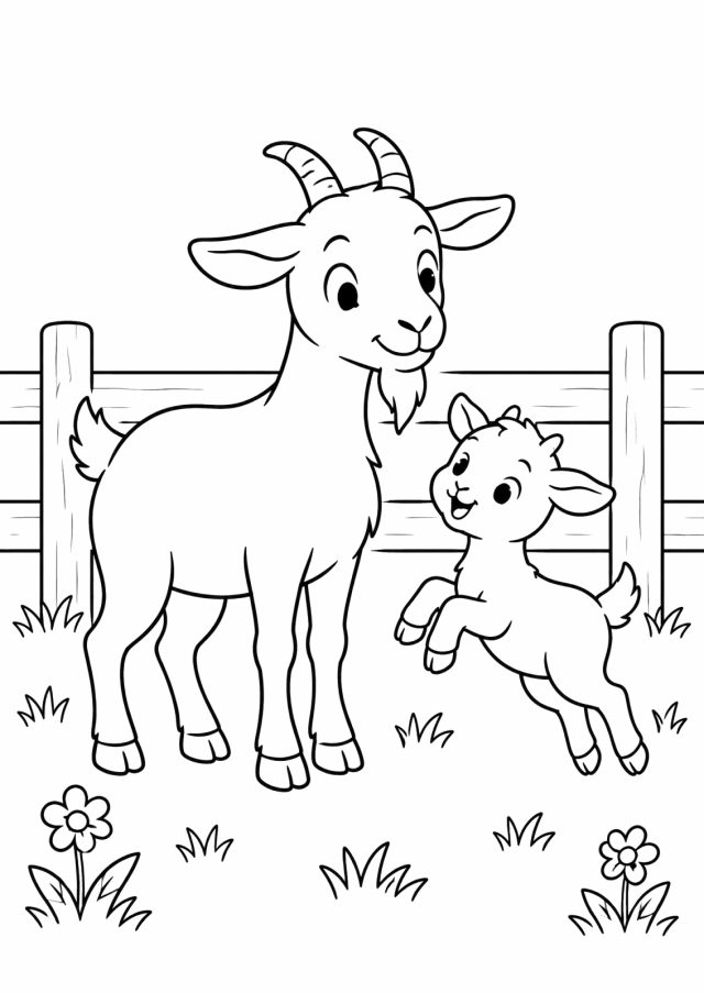 Ausmalbild: eine Ziege mit Hörnern und Bart steht an einem Holzzaun, daneben springt ein kleines Zicklein, im Gras Blumen