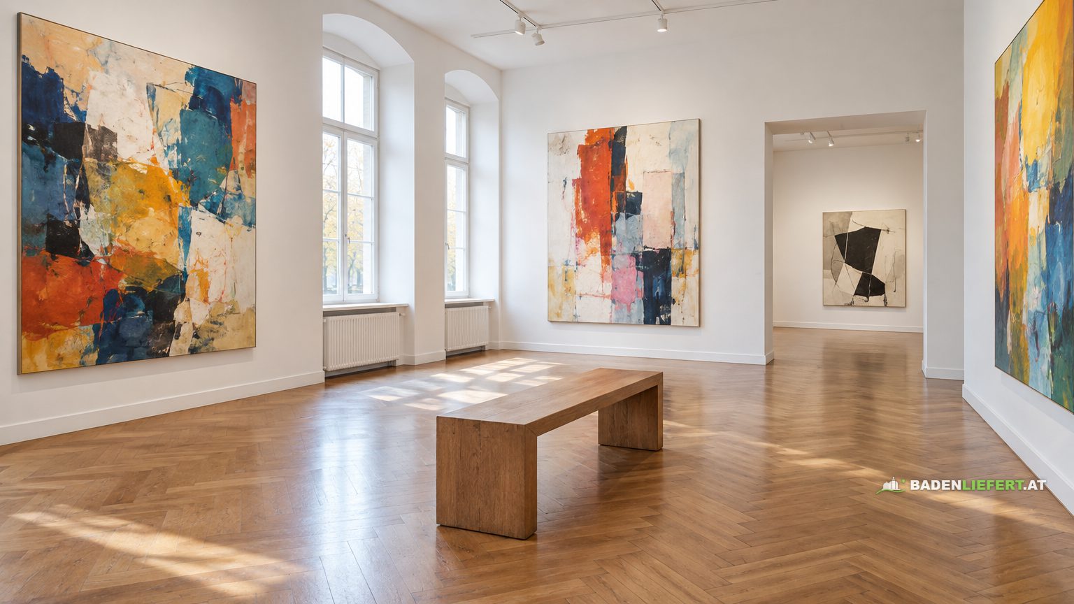 Symbolbild: heller Galerieraum mit großformatigen abstrakten Gemälden in kräftigen Farben und einer Holzbank