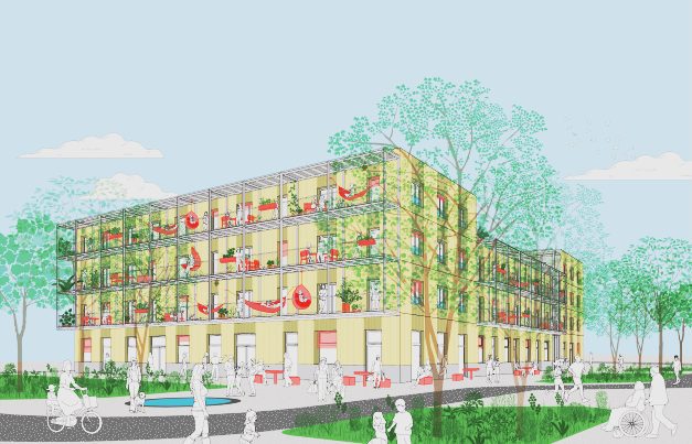 Visualisierung der MONA hofWIRtschaft: gelbes Wohnhaus mit umlaufenden, bepflanzten Balkonen und roten Hängematten, davor ein Platz mit Bäumen, Radfahrern und Spaziergängern
