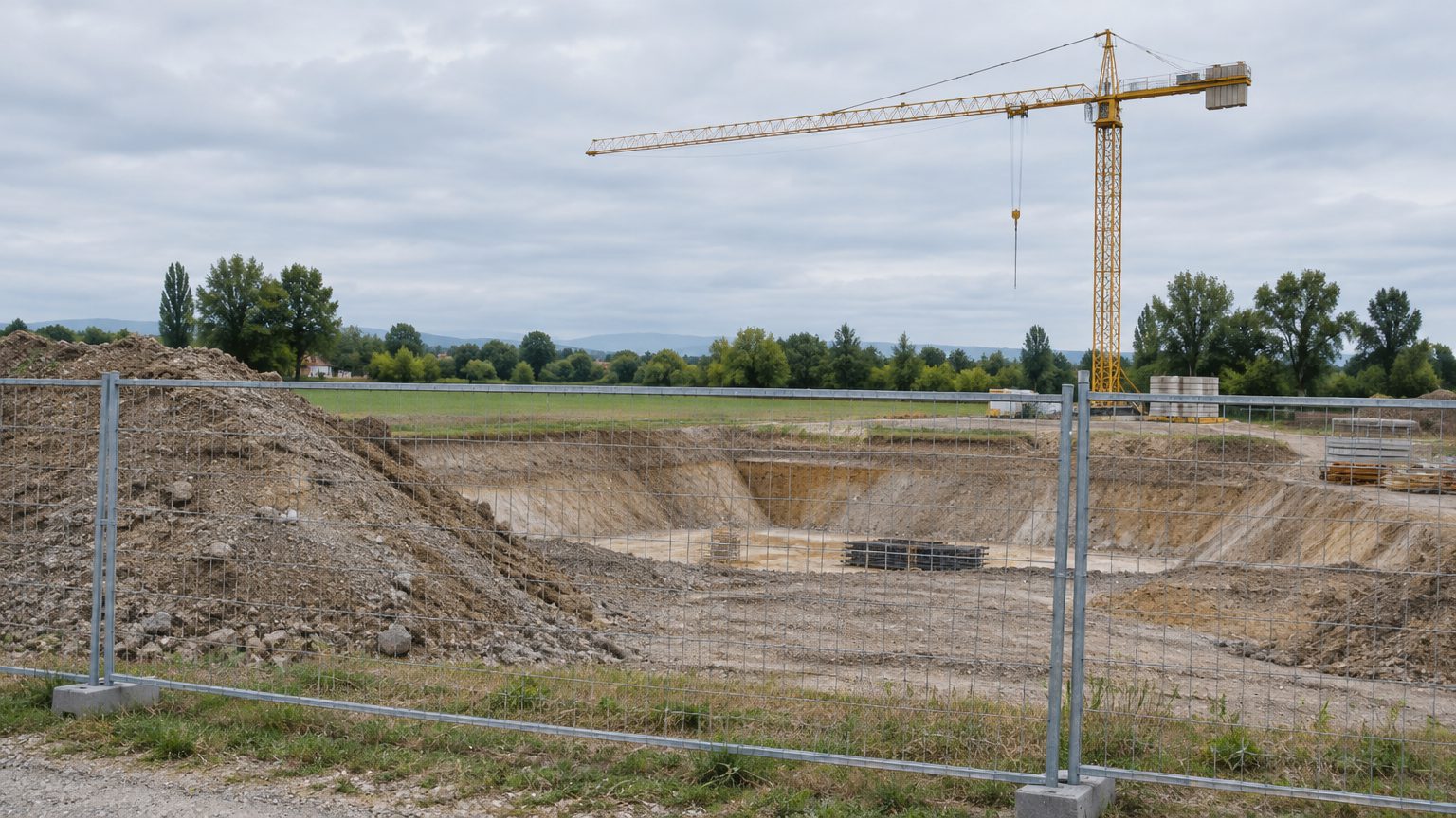 Symbolbild: eine eingezäunte Baustelle mit ausgehobener Baugrube und Kran am Ortsrand, dahinter Wiese und Baumreihe