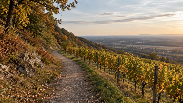Symbolbild: ein Wanderweg am Rand eines herbstlich gelben Weingartens, links ein bewaldeter Hang, rechts der Blick über eine weite flache Ebene bis zum Horizont